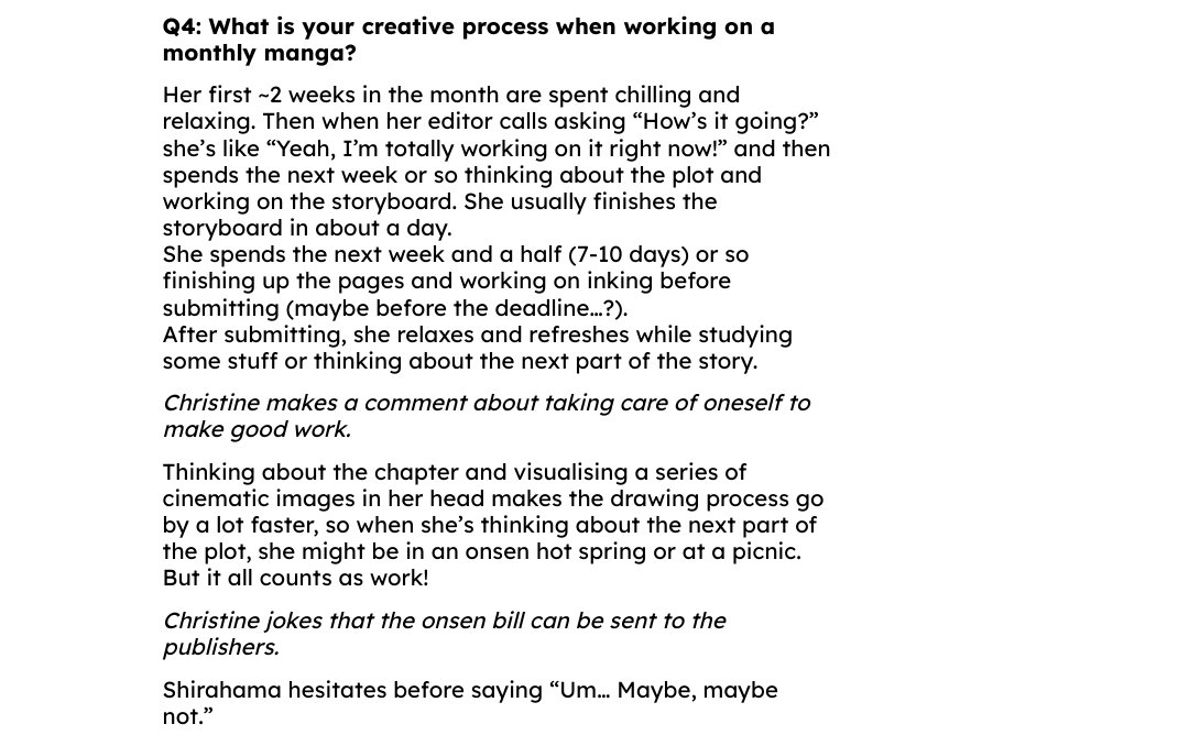 this is why i really think monthly release schedules would work better for certain manga out there, and it would also massively reduce the stress on the mangaka. to be honest, leisure and relaxation time are a really important part of creating artistic works
