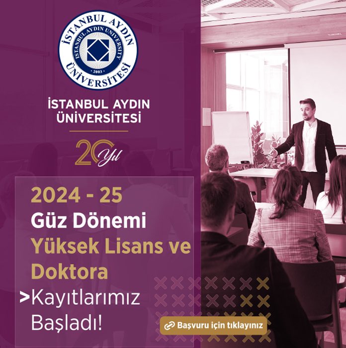 2024-2025 Güz Dönemi Yüksek Lisans ve Doktora Kayıtlarımız Başladı! Ayrıntılı bilgi için Lisansüstü Eğitim Enstitüsü’nü ziyaret edebilirsiniz. apply.aydin.edu.tr/lisansustu/ - - Registrations for the Fall 2024-2025 Master's and PhD programs have begun! For further detailed