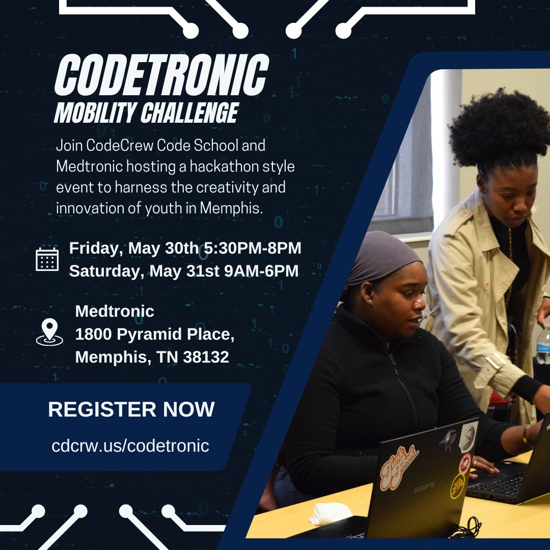 🚀Join us for the Codetronic Mobility Challenge for students ages 16-24! @CodeSchoolMphs and @Medtronic are teaming up for an innovative hackathon-style event, focusing on mobility solutions. Get ready to showcase your creativity and problem-solving skills cdcrw.us/codetronic