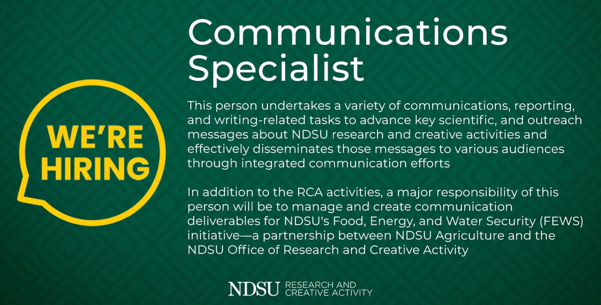 We're hiring: COMMUNICATIONS SPECIALIST Managing communications, reporting, and writing-related tasks about NDSU research & creative activities along with deliverables for NDSU's Food, Energy, & Water Security initiative (a partnership of NDSU Ag and RCA). tinyurl.com/RCACommsSpecia…