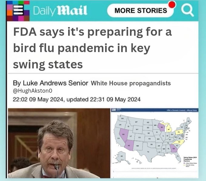 🚨Breaking 
FDA says it's preparing for a bird flue pandemic in key swing states.