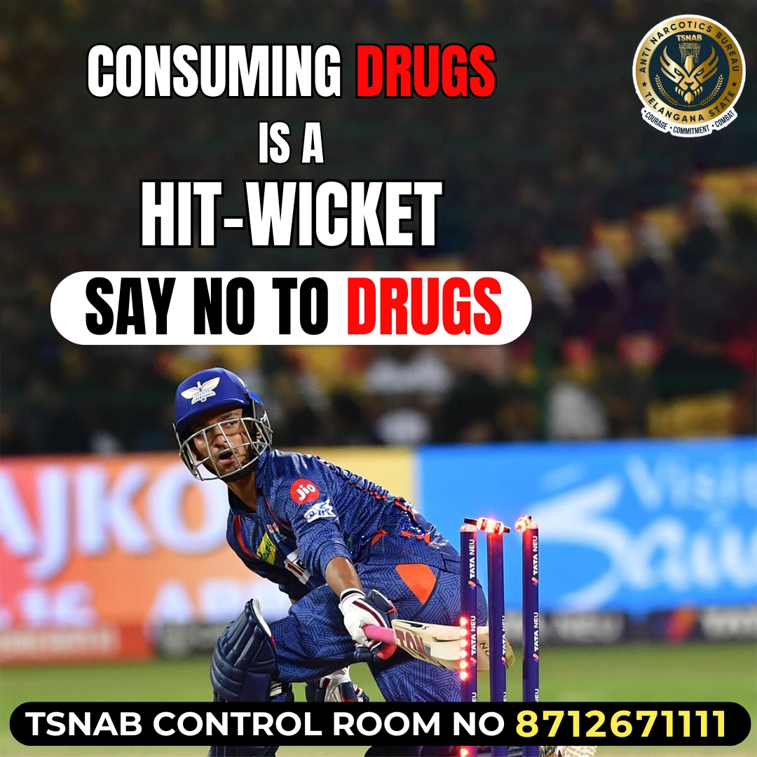 Consuming Drugs is a Hit-Wicket. Say No to Drugs. 
@TelanganaDGP @director_tsnab @narcoticsbureau
@CVAnandIPS @TelanganaCOPs @hydcitypolice
@cyberabadpolice @RachakondaCop @NMBA_MSJE
@UNODC

#drugfreetelangana #drugfreegeneration #tsnab