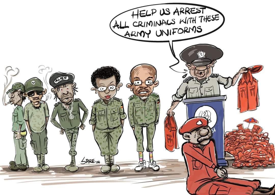 This cartoon by #Spire aptly captures the sickening double standards by Gen. Museveni and his criminal regime. While our people are hounded everyday, abducted, arrested and tortured for putting on the #PeoplePower attire, those who subscribe to the regime are left to put on real