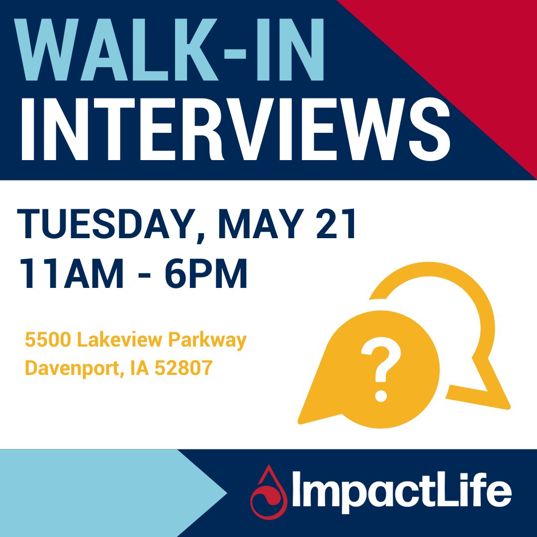 We're hosting open interviews at on Tuesday, May 21 from 11am - 6pm at 5500 Lakeview Pkwy Davenport. Learn about all available positions and our life-saving mission at ImpactLife! Take a look at all of the available positions here: bloodcenter.org/join/