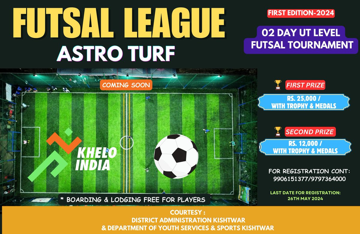 🥅 Exciting news for Futsal enthusiasts! Join the First Edition UT Level Futsal Tournament-2024 organized by District Administration Kishtwar and Department of Youth Services & Sports Kishtwar.