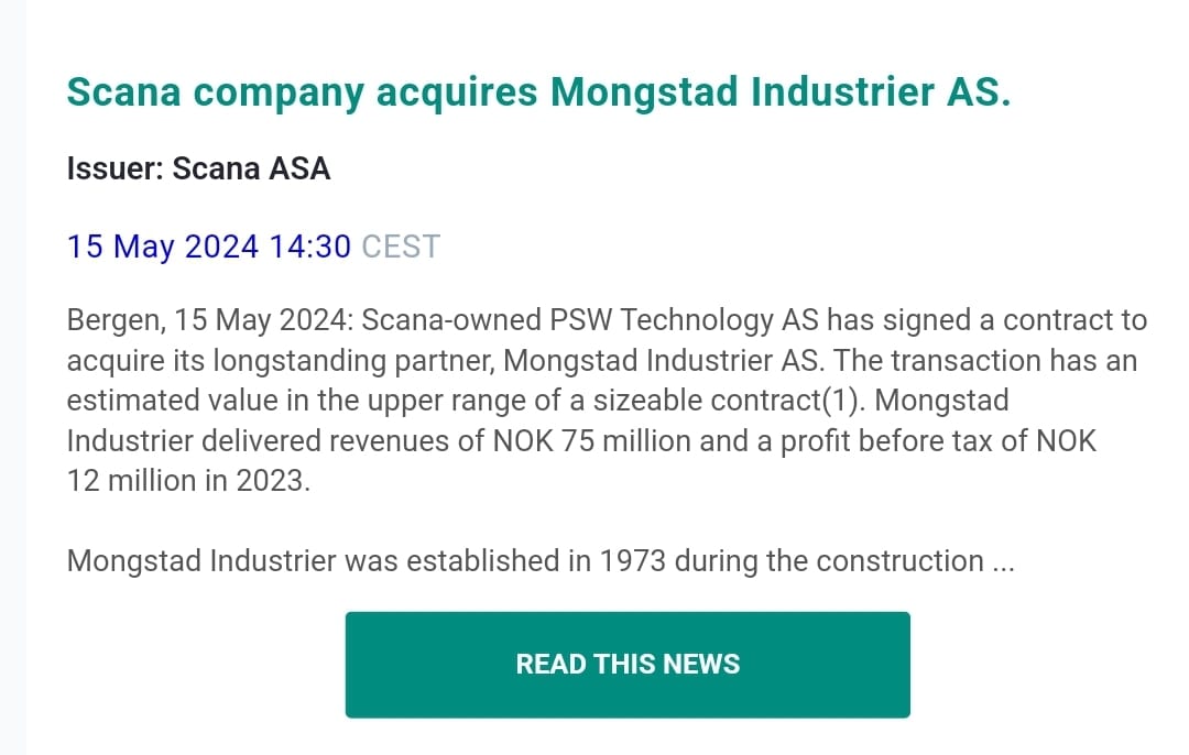 $SCANA PTP of mnok 12 on stand alone basis, priced somewhere between 20-50 mnok, parts fund by vendor note of mnok 10. Should be synergistic given name of prior contracts and company. Seems like a good deal. Let's hope we hear more on tomorrow's earnings report.