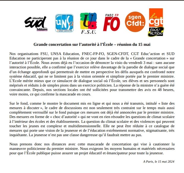 🚨 Les organisations syndicales décident de boycotter la 'Grande concertation' sur l'autorité de l'École. Face au mépris envers les élèves et les personnels, il n'est pas question de participer à cette mascarade de dialogue où toute expression se voit verrouillée et contrainte.