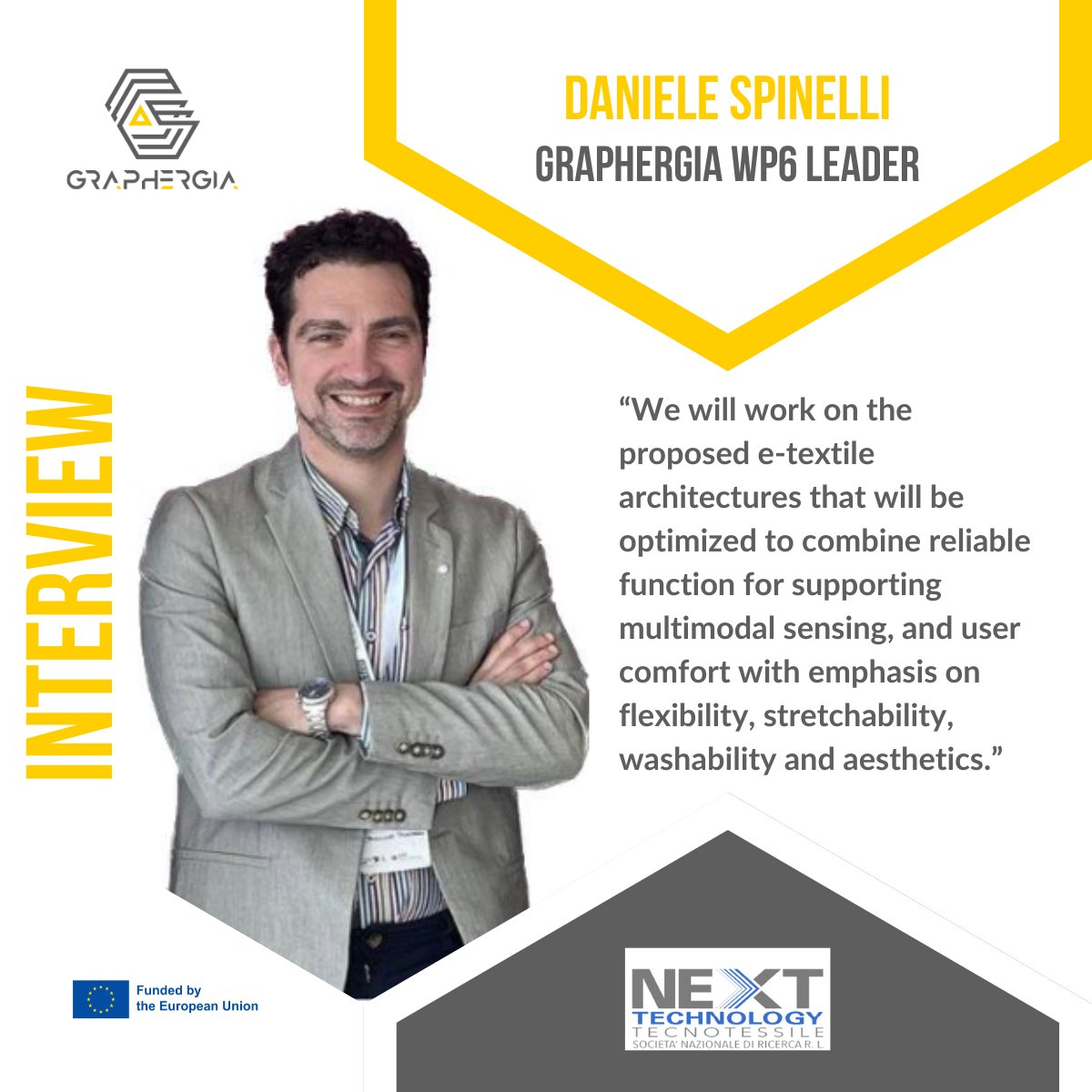 'We joined #GRAPHERGIA because we're involved in innovative solutions for smart & electronic textiles.'

🇮🇹Daniele Spinelli (Next Technology Tecnotessile) is our WP6 ‘Life cycle assessment, sustainability & eco-design approach’ leader

Read his interview➡️ ow.ly/iVcm50RH2v7