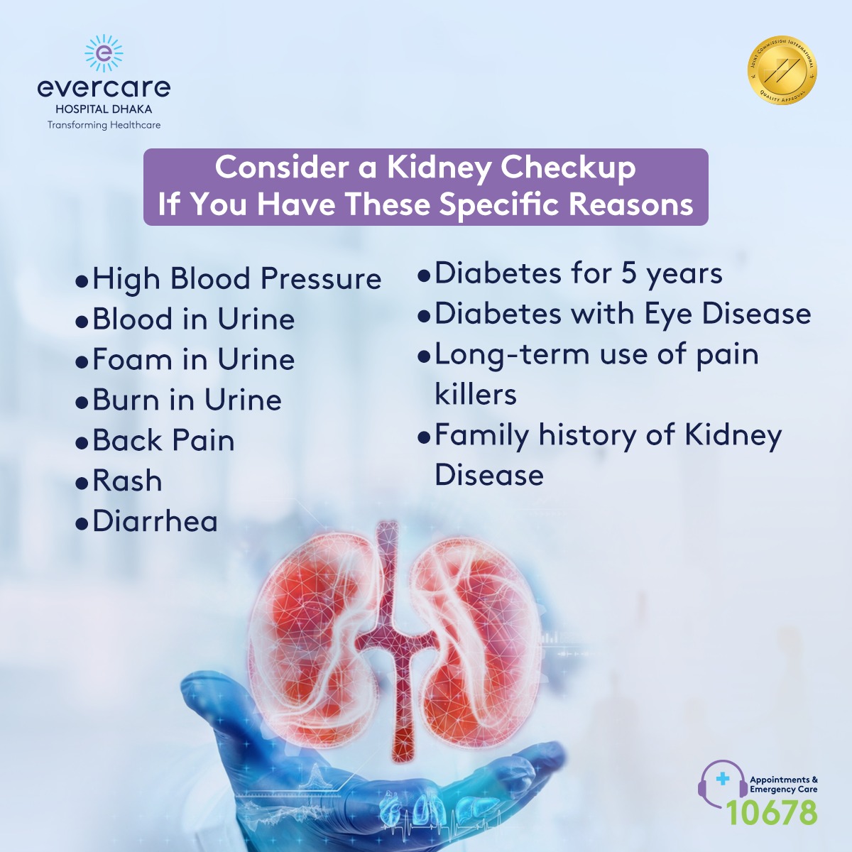 Prioritize your kidney health through regular checkups, ensuring that everything is functioning well. Your health is a top priority!
For appointment please call 10678 or visit evercarebd.com/dhaka/speciali…

#ShowYourKidneys #KidneyHealthforAll #KidneyHealth #EvercareHospitaldhaka