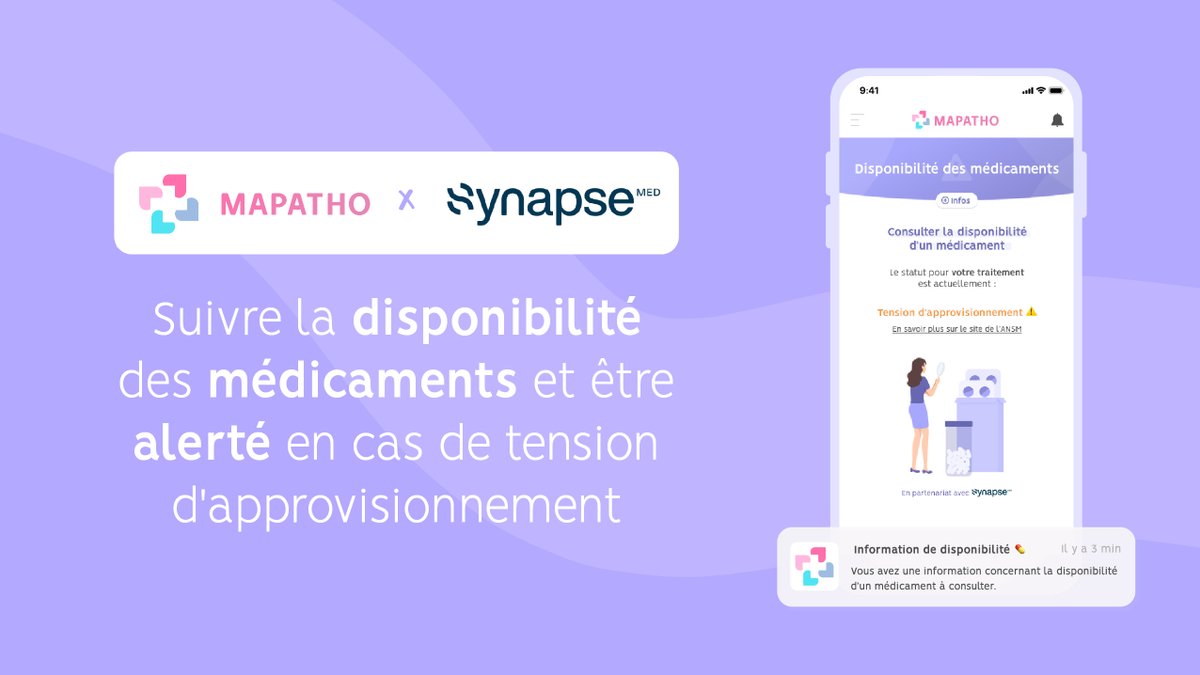 🚀 Nouvelle fonctionnalité : Soyez alerté en cas de rupture de stock de médicaments ! 💊

En partenariat avec <a href="/SynapseMedFR/">Synapse Medicine</a>, nous vous offrons désormais la possibilité de suivre la disponibilité de vos #médicaments directement depuis votre espace Mapatho.

app.mapatho.com/cures