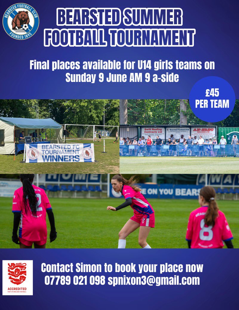 We only have spaces now for our summer tournament for u14 girls teams. Get in touch with Simon to book your place #bearstedfc #bears #football #kent