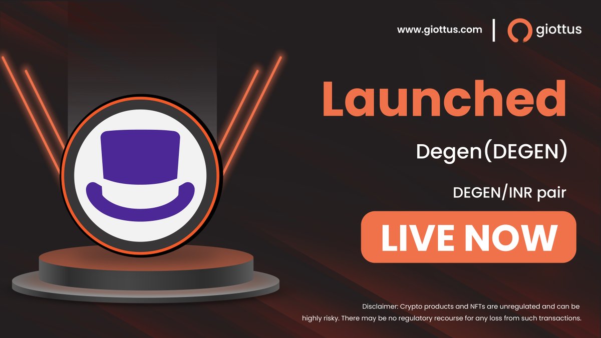 🌟 DEGEN is now available for trading on the INR pair! Get involved with $DEGEN, the token that powers governance and boosts community initiatives. @degentokenbase 💥 Start trading now! #GiottusListing #TradeDEGEN #DEGEN