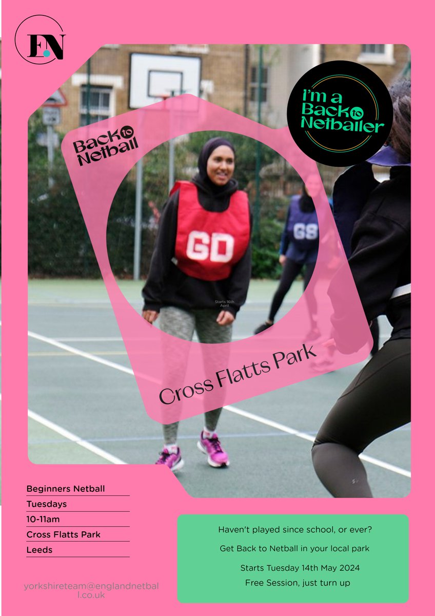 Get back to Netball in your local park
Every Tuesday 10-11am in Cross Flatts Park
Free session
All ages and abilities welcome
@loveleedsparks @SouthLeedsLife @DeltaParkView @StAnthonysLeeds @edleeds @BeestonFestival @southleedshub @SouthLeedsSpart @SouthLeedsMum @SouthLeedsSSP