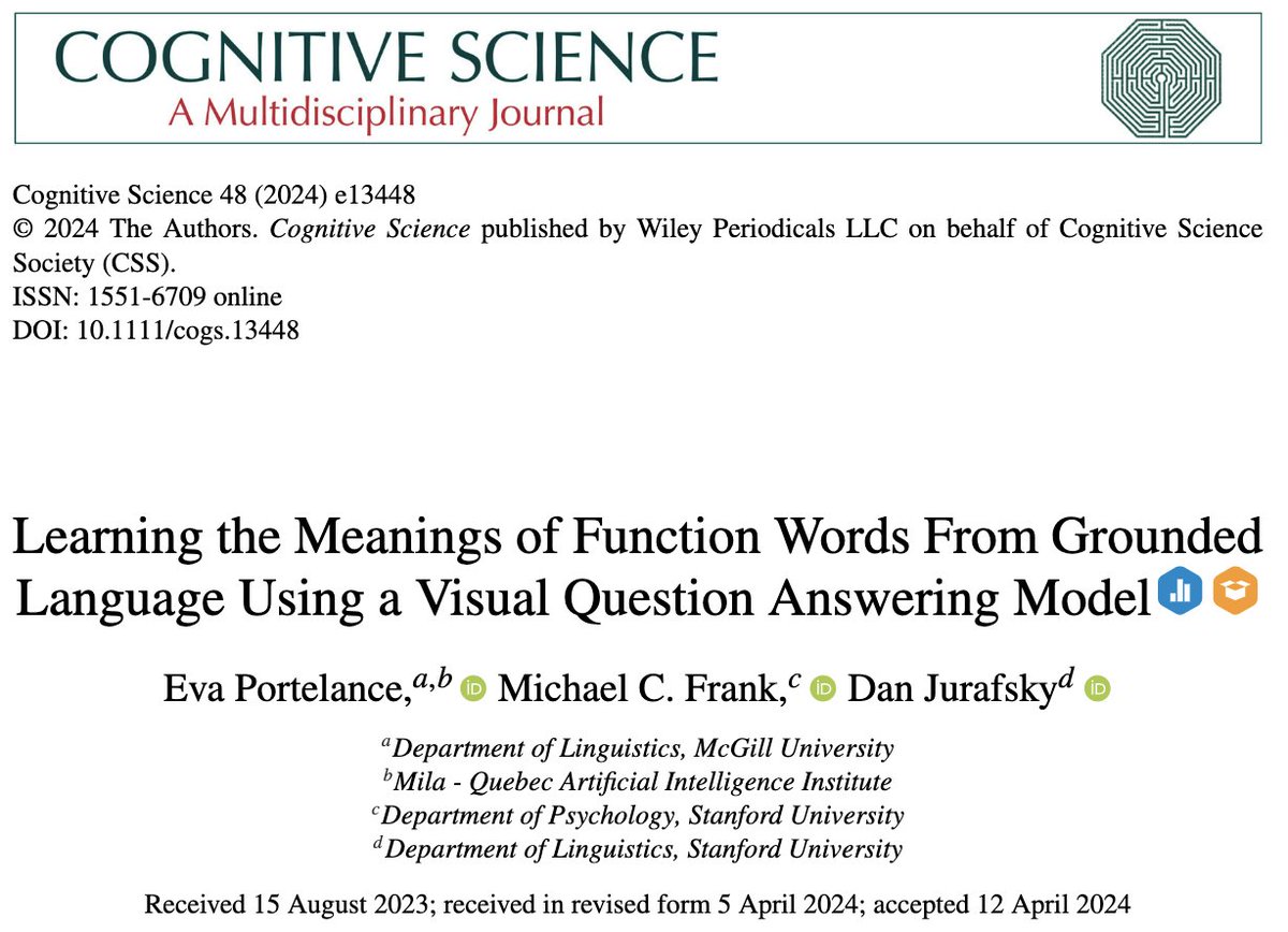 🎉New paper our in Cognitive Science @cogsci_soc with @mcxfrank and @jurafsky !

It's a deepdive into how visually-grounded LMs - and by extension possibly humans - learn the meanings of complex words like and/or, behind/in front, more/fewer.

(1/7)