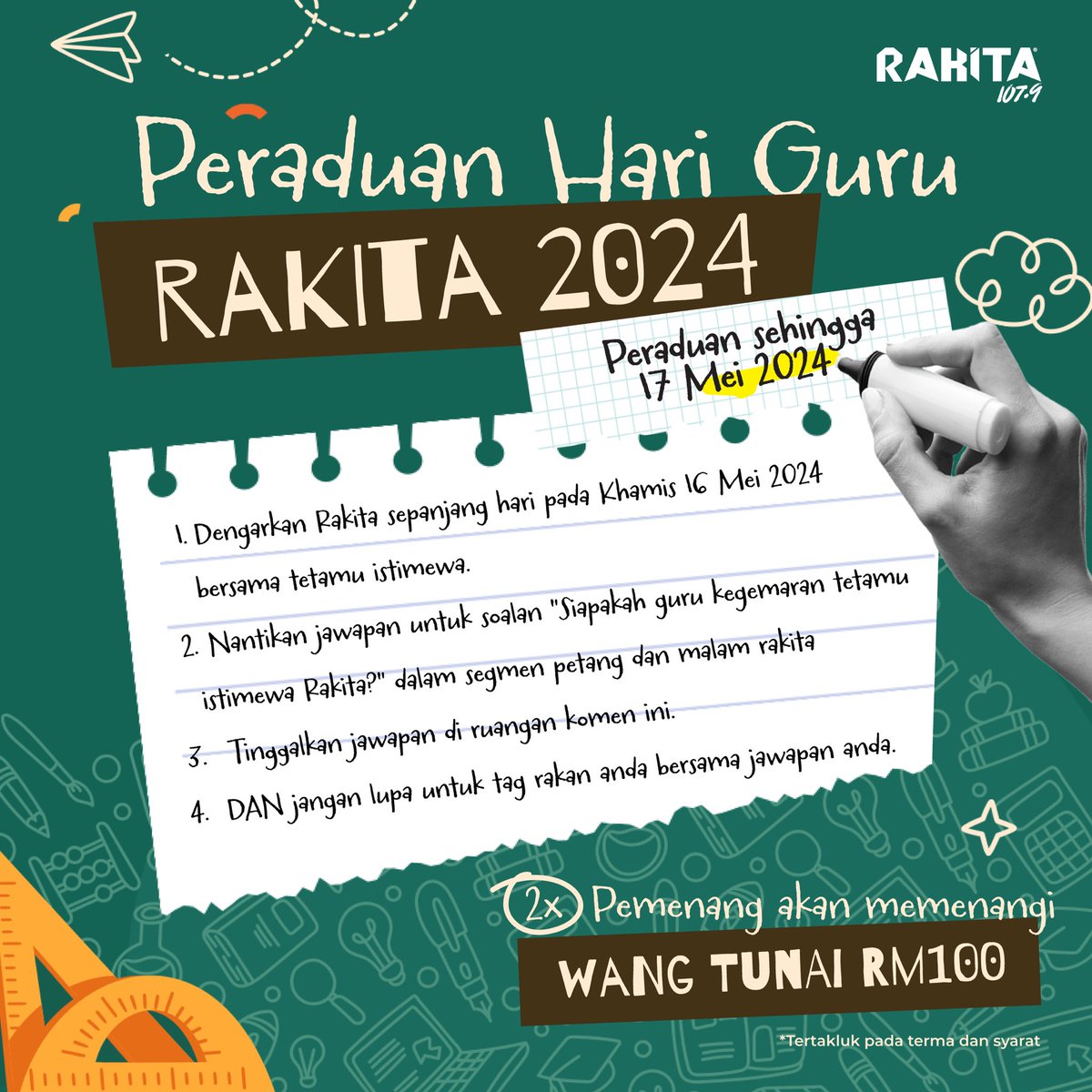 Terima kasih Cikgu! Contest istimewa sempena hari guru esok! 👩🏻‍🏫🧑🏻‍🏫 Jom join contest untuk menang wang tunai RM 100. Follow je cara-cara yang tertera di poster. Ayuh! 💥 🎟️ : 2 Pemenang Bertuah memenangi RM 100 seorang