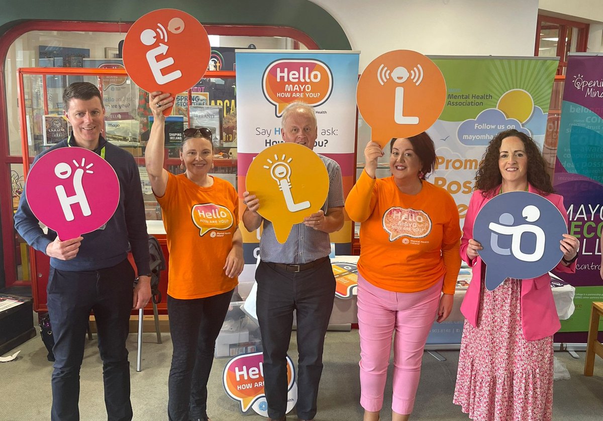 Attending the #HelloHowAreYou live broadcast with @radiomidwest in Castlebar Library today - Sean Conneely SnrHealth Promotion Officer, Teresa Keane @MentalHealthIrl, Laurence Gaughan Health & Wellbeing, Karen McHale Mayo Recovery College & Jackie Lynott Health Promotion Officer
