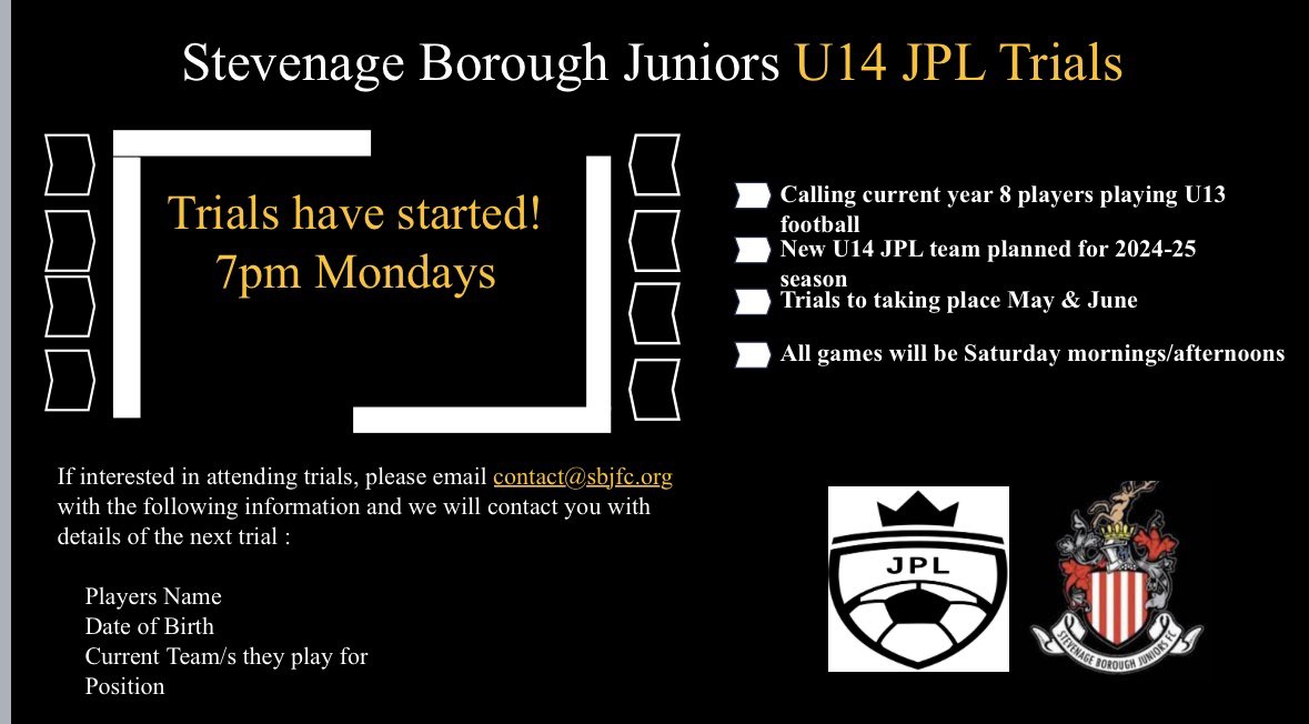 Want to be part of one of the best grassroots clubs in Stevenage…then come along and join us….we want YOU!! #wearestevenageborojuniors <a href="/midhertsrml/">MHL</a> <a href="/RoystonCrowYFL/">Royston Crow Youth Football League</a> <a href="/hertfordshirefa/">Hertfordshire FA</a>