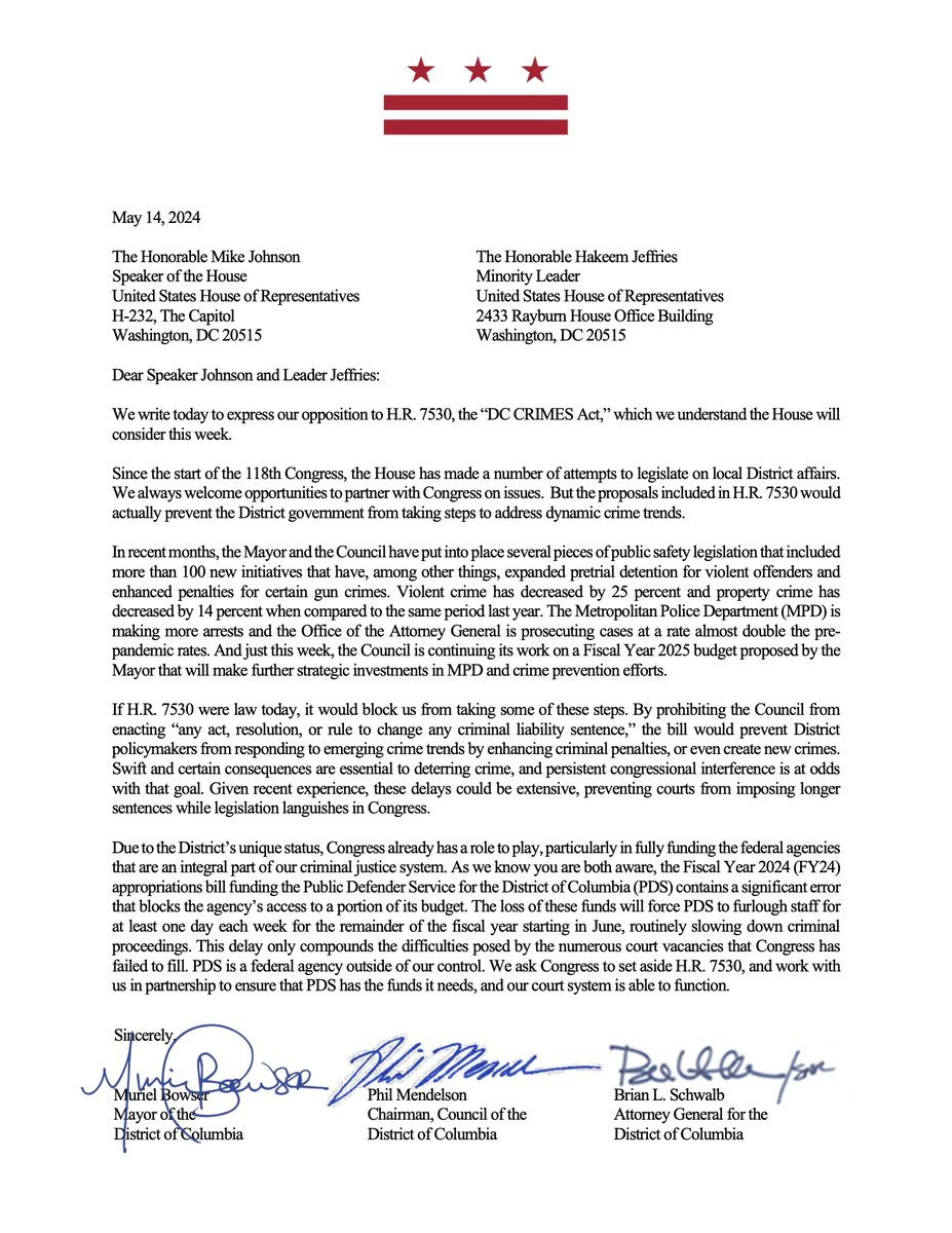 Today the House considers the DC CRIMES Act. This bill completely ties our hands from taking steps to address crime in the District. Swift and certain consequences are essential to deterring crime, and persistent congressional interference contradicts that goal. Our full letter: