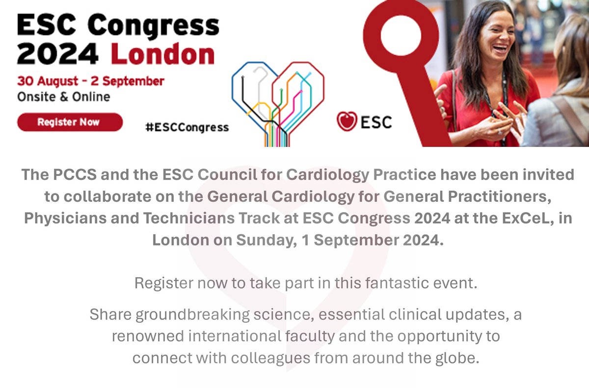 ESC @escardio is coming to @ExCeLLondon! And we're delighted to be collaborating with the ESC Council for Cardiology Practice on the General Cardiology for GPs, Physicians & Technicians Track featuring in London on Sunday, 1st Sept! Read more: pccsuk.org/news/35/esc_co…
#ESCCongress
