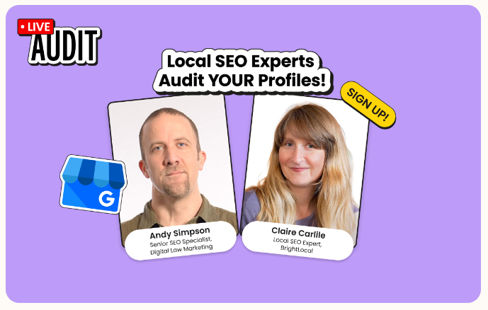13 GBPs to review in 60 mins...LIVE! Whatever could go wrong? 🤔 Join me and @clairecarlile today at 12pm EST / 4PM GMT as we audit mostly legal GBP listings! 🔗 brightlocal.com/webinars/live-… #localseo @brightlocal