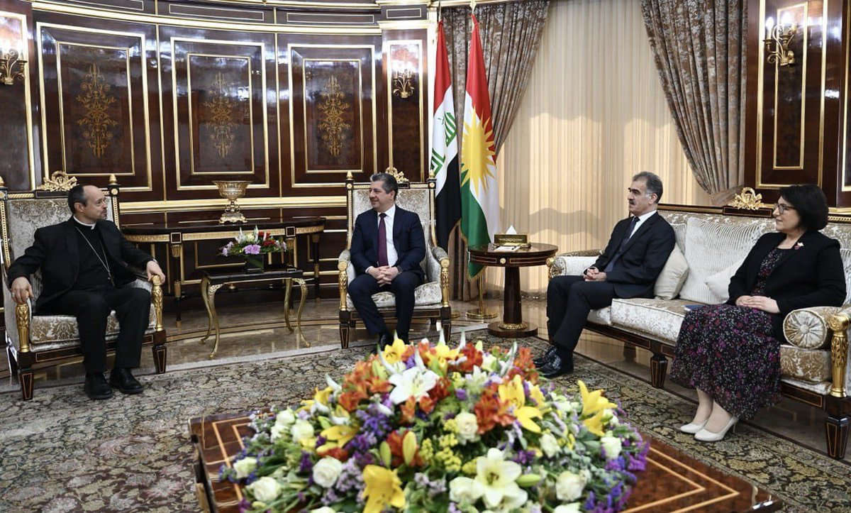PM @masrourbarzani received the departing #Vatican Ambassador Mitja Leskovar, thanking him for his significant contributions to strengthening bilateral ties. The KRG's commitment to promoting peaceful coexistence and safeguarding the rights of all components was emphasized.