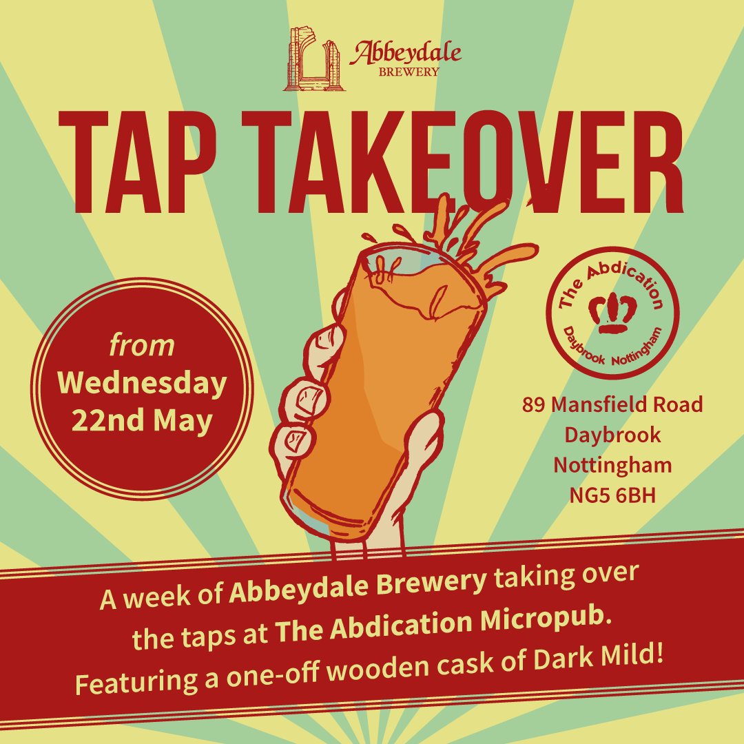 Next week! We're taking over the taps at Nottingham's @theabdication from Wednesday 22nd May, including the one and only wooden cask of our Dark Mild... and possibly one of the last times it'll appear on draught this year too! Hope you can make it! 🍻