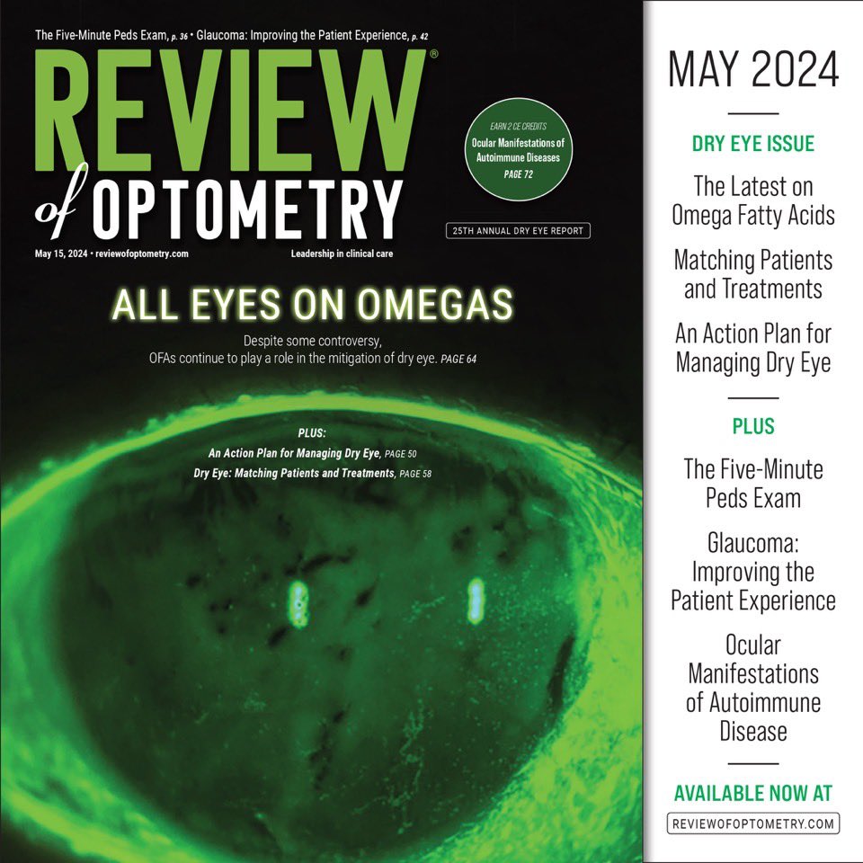 ✨NEW!✨ In the May 2024 issue, get the latest scoop on omega fatty acids for dry eye & tips on matching patients to treatments. Plus, discover a three-pronged approach to managing OSD. Explore the May issue at reviewofoptometry.com 📖 #optometry #dryeye #dryeyedisease #cornea