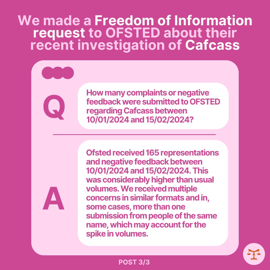 🌟Post 1 of 3🌟

Despite all these complaints, OFSTED graded Cafcass' overall effectiveness as 'Outstanding'. This rating is very concerning, and demonstrates that the 165 complaints were not adequately considered during their investigation