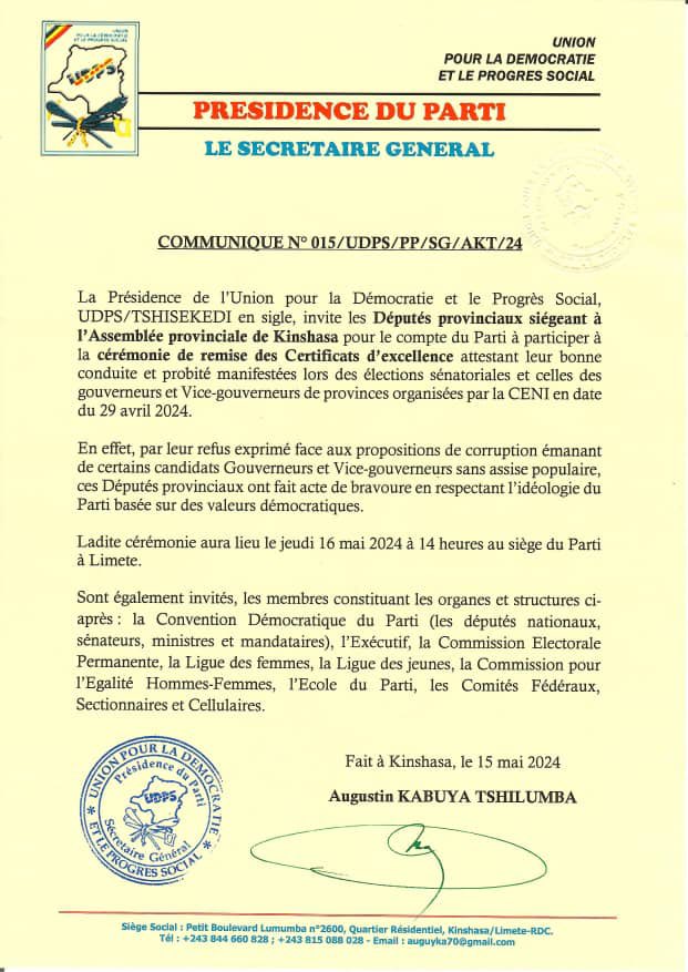 #RDC: L’UDPS invite ses députés siégeant à l'APK à participer à la cérémonie de remise des Certificats d'excellence attestant leur bonne conduite et probité manifestées lors des élections sénatoriales et celles des gouverneurs et Vice-gouverneurs de provinces. @AugustinKabuyaT
