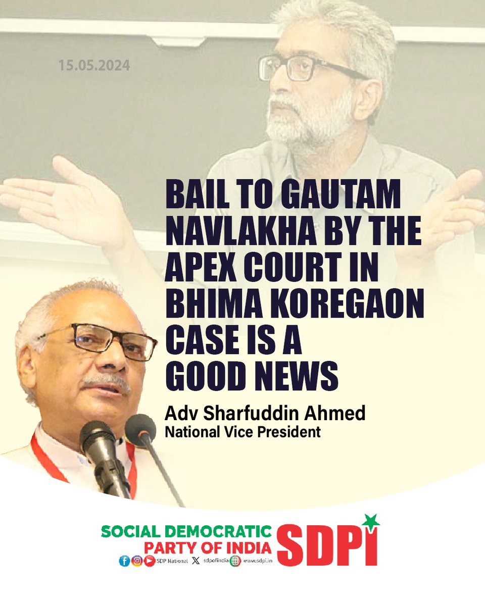 Bail from the SC to #GautamNavlakha in the #BhimaKoregaon case is a good news. The bail was granted while disposing the appeal by NIA against Bombay HC granting him bail on grounds that there was no material to suggest that he had committed a terrorist act as defined by the UAPA