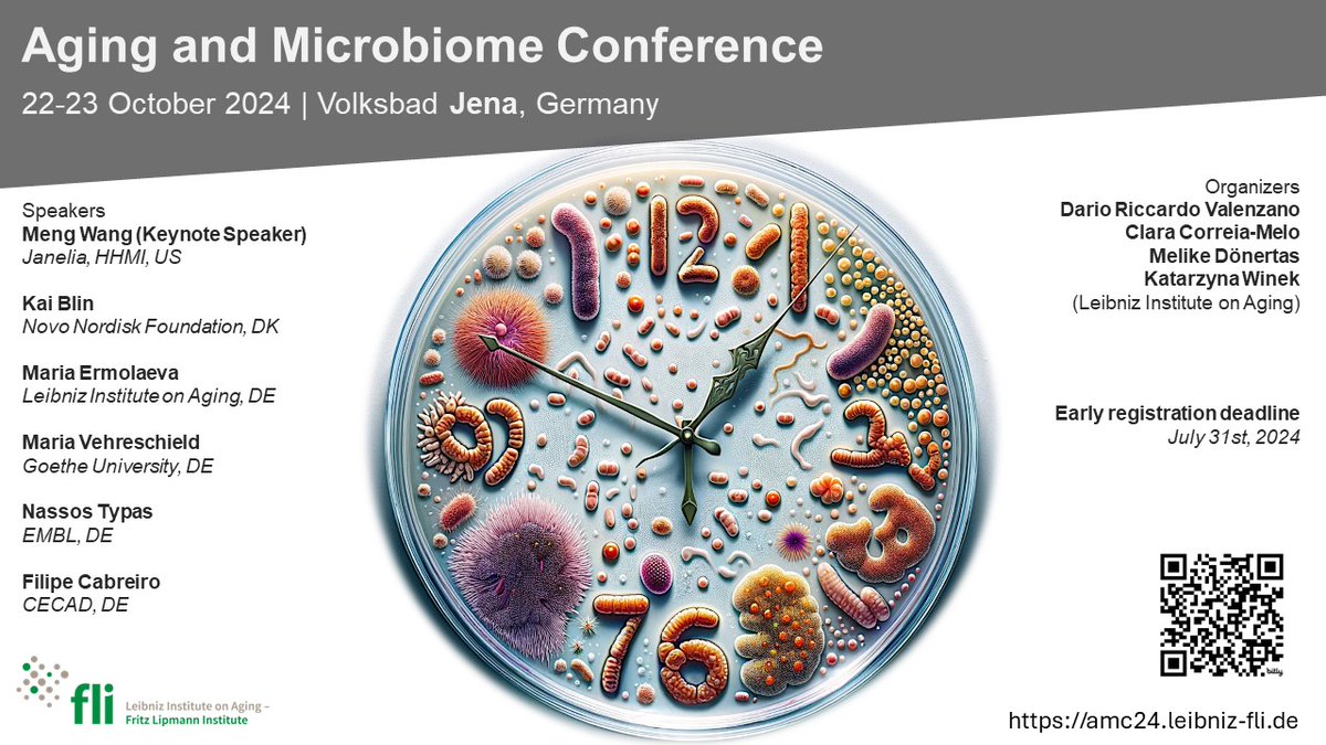 Leibniz-Institut für Alternsforschung (FLI) (@leibnizfli) on Twitter photo Save the date! Join the "#Aging and #Microbiome Conference 2024" in Jena, Germany, from October 22-23 with experts from around the world🌍. Organizers: <a href="/dariovalenzano_/">Dario Riccardo Valenzano🐟🦠🤌🏽</a>, <a href="/CorreiaMeloC/">Clara Correia-Melo</a>, <a href="/melikedonertas/">Melike Dönertaş</a> and <a href="/katarzyna_winek/">Katarzyna Winek</a>. Register now👉indico.leibniz-fli.de/event/2/
<a href="/valenzanolab/">Valenzano Lab</a> Save the date! Join the "#Aging and #Microbiome Conference 2024" in Jena, Germany, from October 22-23 with experts from around the world🌍. Organizers: <a href="/dariovalenzano_/">Dario Riccardo Valenzano🐟🦠🤌🏽</a>, <a href="/CorreiaMeloC/">Clara Correia-Melo</a>, <a href="/melikedonertas/">Melike Dönertaş</a> and <a href="/katarzyna_winek/">Katarzyna Winek</a>. Register now👉indico.leibniz-fli.de/event/2/
<a href="/valenzanolab/">Valenzano Lab</a>