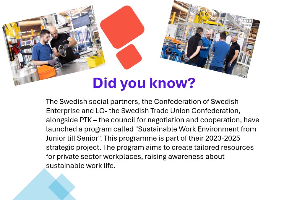 'The Swedish social partners - Confederation of Swedish Enterprise, LO, and PTK - join hands in launching 'Sustainable Work Environment from Junior till Senior'. Tailored resources for private sector workplaces to promote sustainable work life. #Sustainability #WorkLifeBalance'