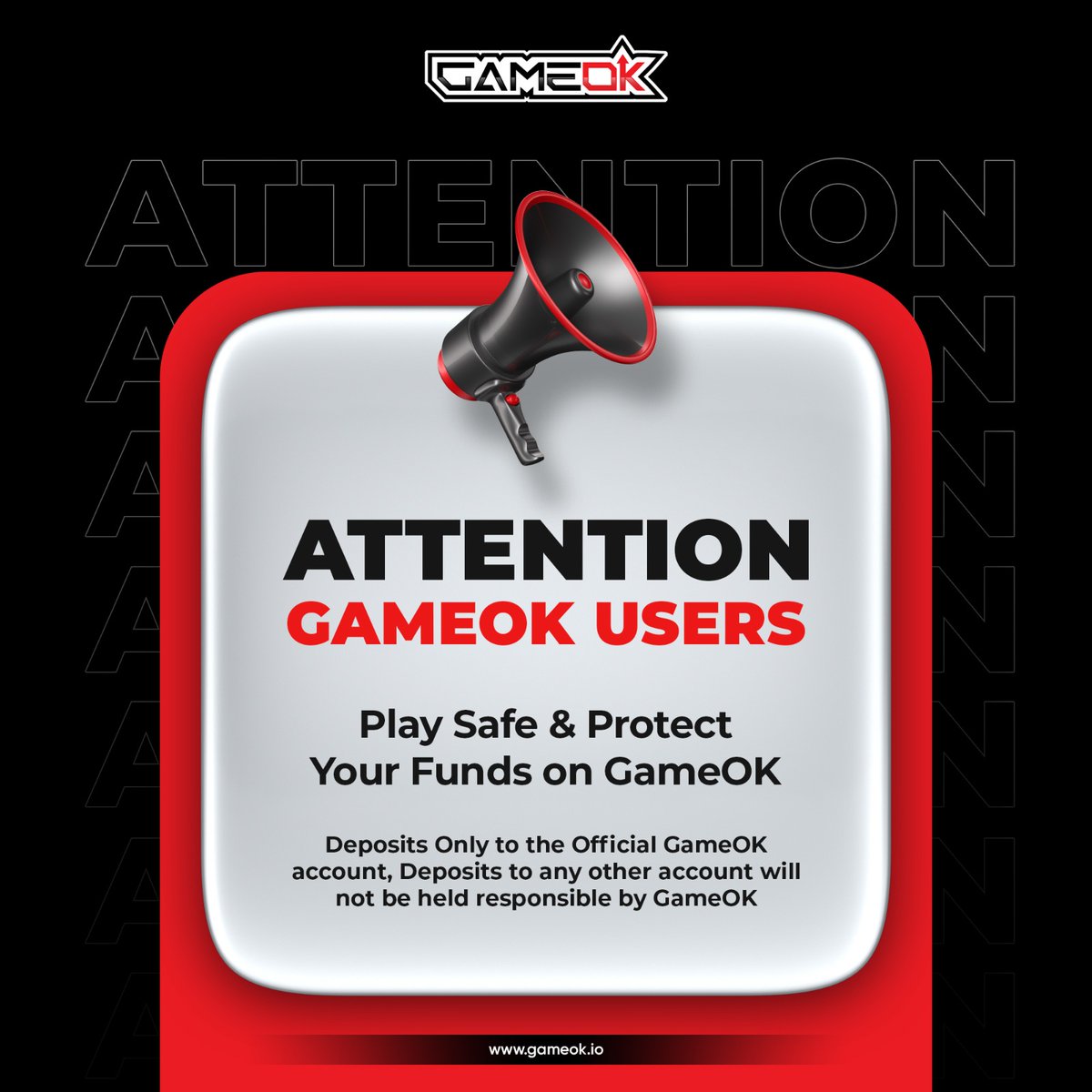 Attention GameOK Users

Play Safe & Protect Your Funds on GameOK
Deposits Only to the Official GameOK account, Deposits to any other account will not be held responsible by GameOK

#IPL #GameOK #CricketFever #EarnMoneyOnline #LiveCasino #onlinecasino #Attention #Warning