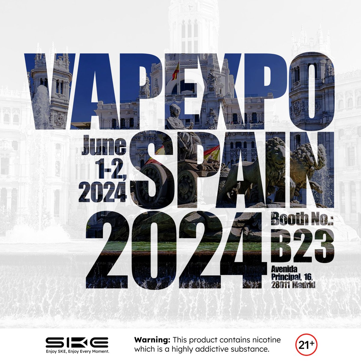 🎉 Get ready to ignite your senses with #SKE at Vapexpo Spain! 🥳 🙌 
Visit us at Booth B23 on June 1-2, 2024, in Madrid, and discover the latest innovations in vaping technology, flavors, and more! 🔥

Warning:  21+
#skevape  #vapefam #vapedaily #skecrystal #vapexpo #vapespain