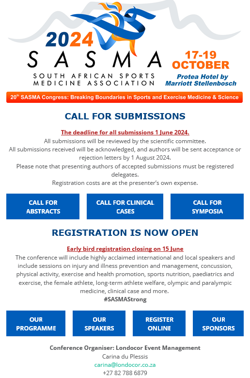 SASMA_ZA's tweet photo. Don't miss out! Register now for a conference boasting esteemed speakers and diverse sessions on injury prevention, sports medicine, nutrition, and athlete well-being. #SASMAStrong
Register Here: https://t.co/ZfYbr3vrFd https://t.co/dAPnChquik
