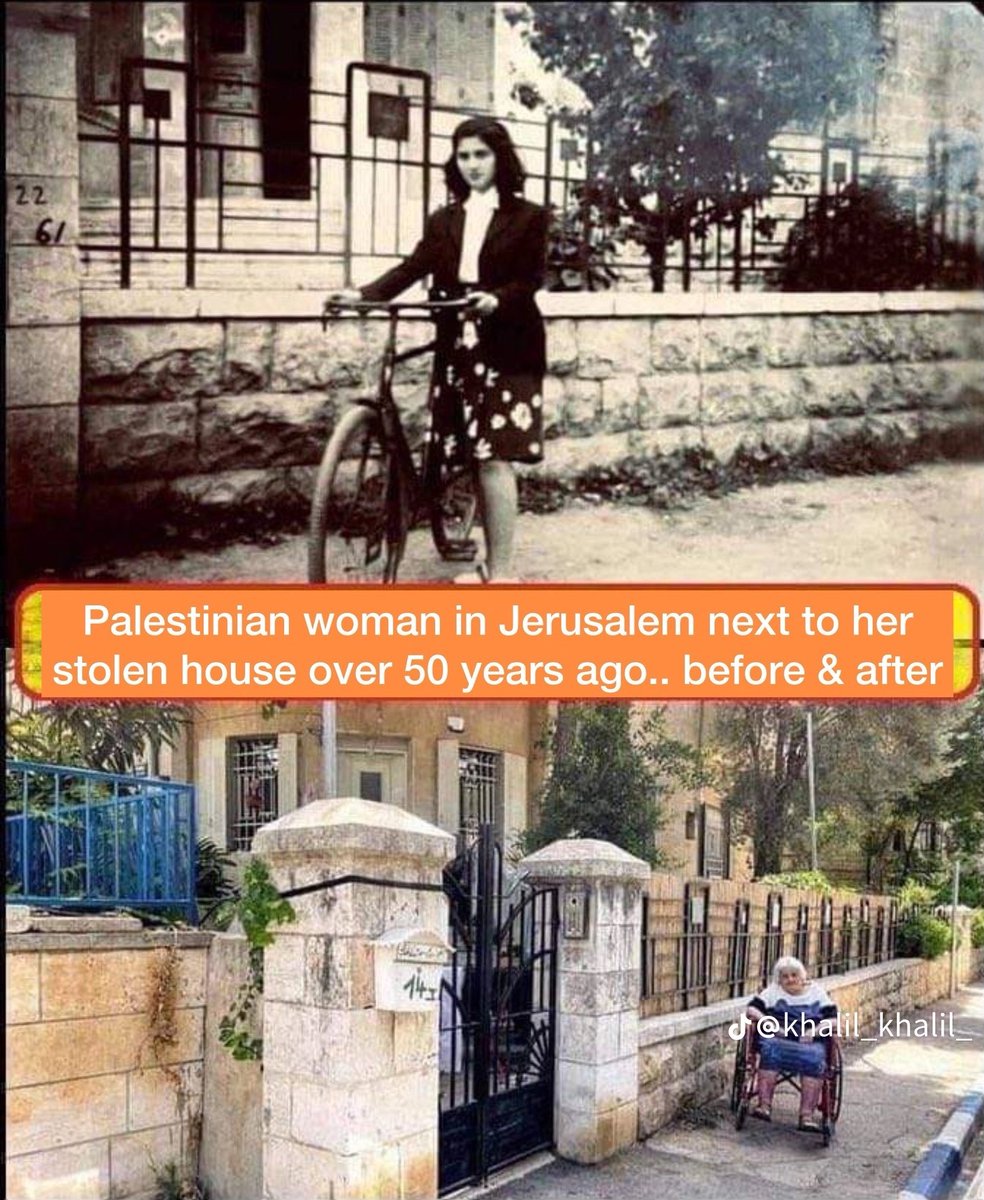 A Palestinian woman in Jerusalem stands next to her house, which was stolen over 50 years ago... before and after. #Jerusalem #Palestine #RightOfReturn