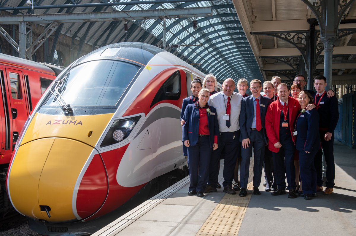 Happy Birthday Azuma! Five years ago today, Driver Stephen Riley and Train Manager Robert Jones and team worked our first @LNER Azuma passenger service - the 11.03 King's Cross to Leeds. The sun shone, the bands played and there were a lot of smiles! Since then, our Azuma trains