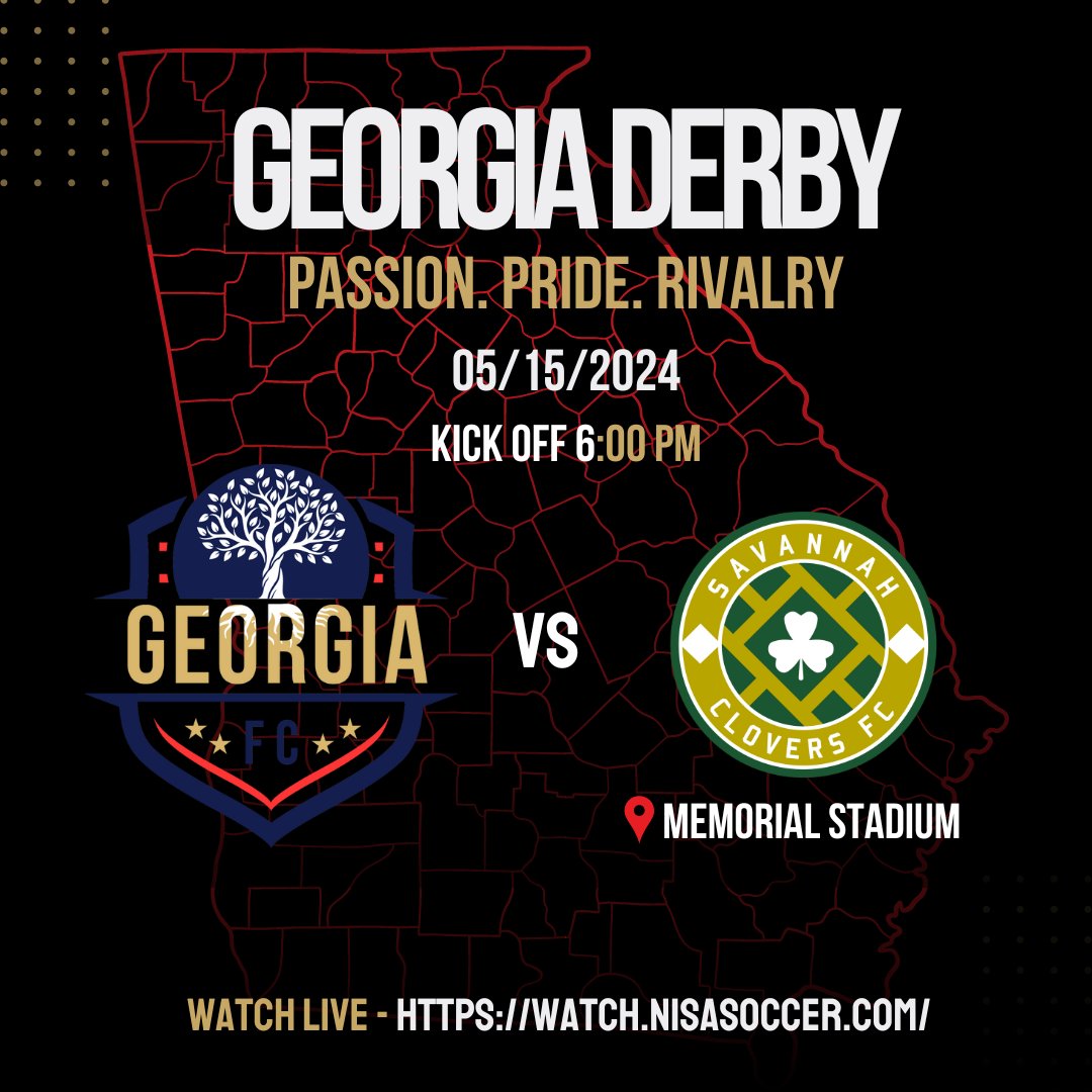 🔥 Round 2 of the GeorgiaDerby kicks off today in Savannah! 

Get ready as GeorgiaFC takes the field against Savannah Clovers FC in an epic rematch! 🏟️⚽

Join us as we battle for bragging rights in the Peach State. Let the best team win! 🍑

#Georgia #NISASoccer #Derby #Rematch
