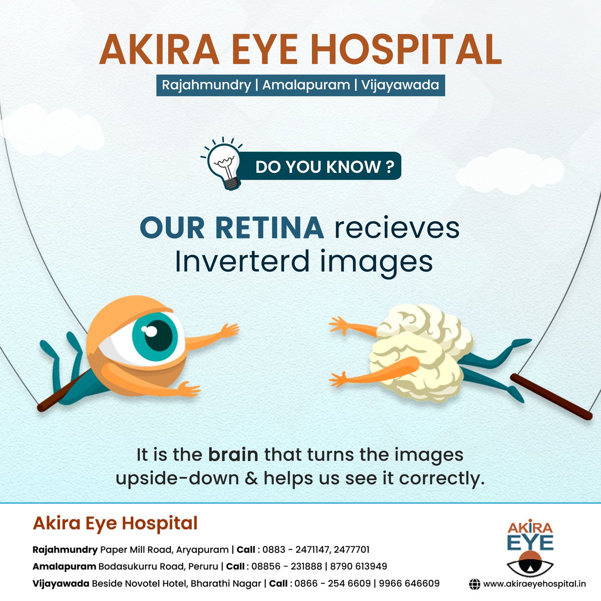 Did you know? Your retina receives images upside down! 🔄 Discover more fascinating facts about your vision at Akira Eye Hospital.

#akiraeyehospital #Rajahmundry #amalapuram #vijayawada #EyeHealth #VisionFacts #Retina #Ophthalmology #EyeCare #HealthyEyes #AkiraEyeHospital