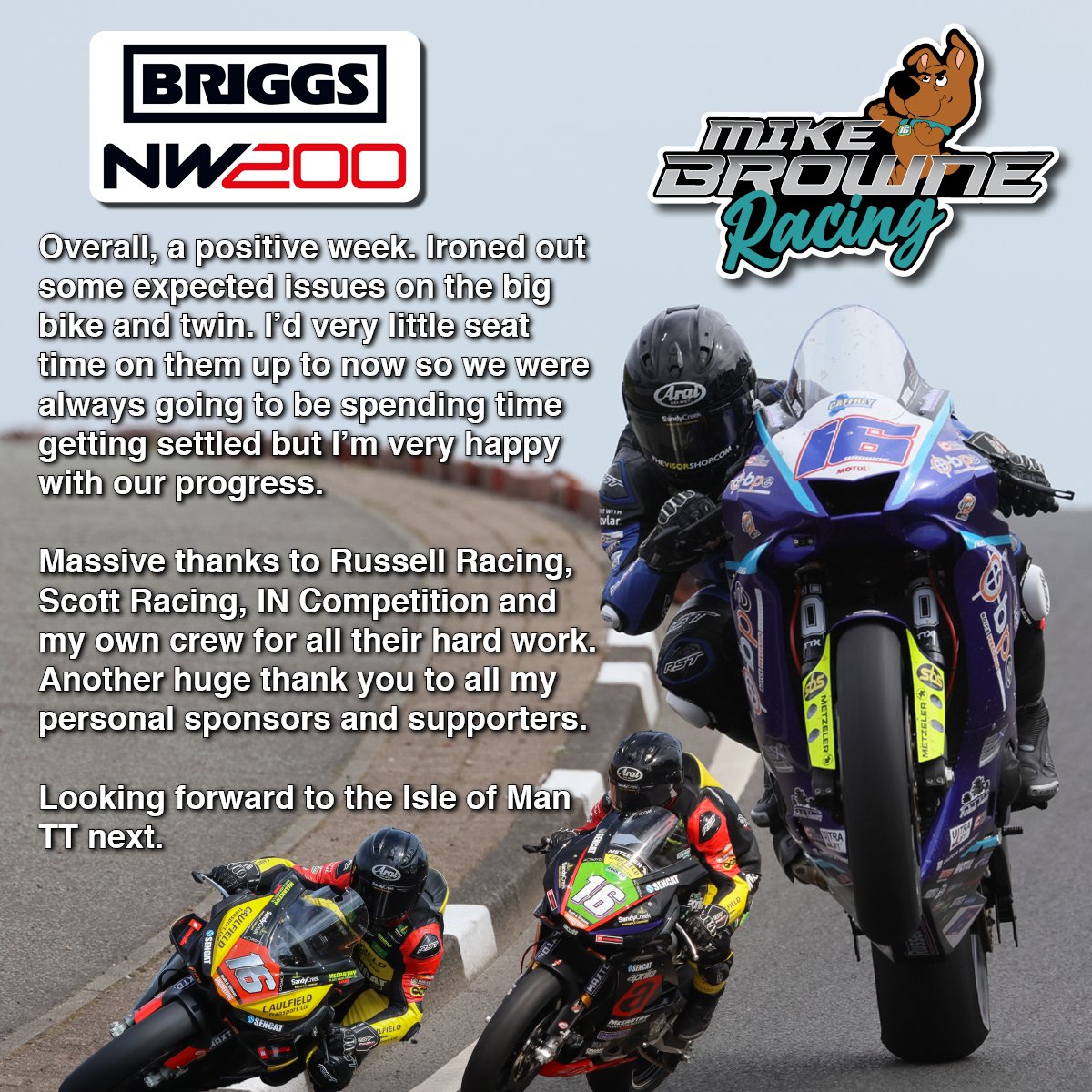 <a href="/northwest200/">North West 200</a> Report &amp; #wheeliewednesday

📸 <a href="/maginnisdave/">David Maginnis</a>  (Yamaha R6)
📸 <a href="/JamesShawPhotos/">James Shaw Photography</a>  (Aprilia V4 &amp; RS660)

#mikebrowneracing #mikebrowne #roadracing #NW200 #northwest200 #irishroadracing #russellracing #scottracing #incompetition #iomtt #isleofmantt #tt2024