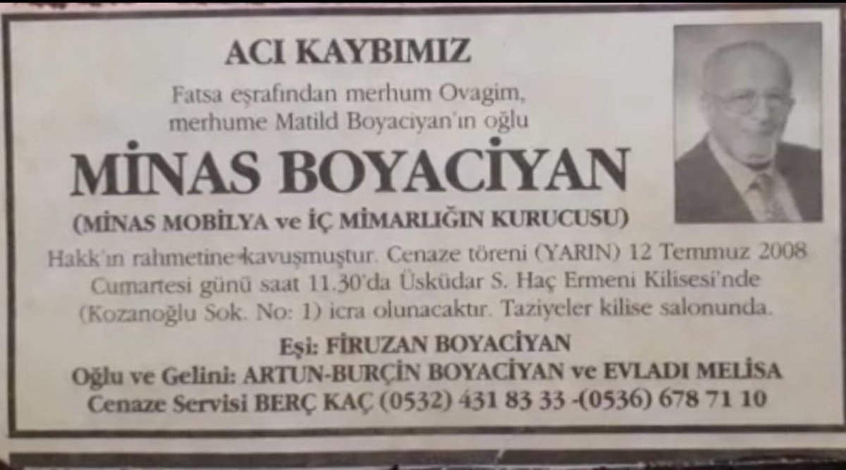 Fatsa eşrafından, Ovagim ve Matild Boyaciyan’ın oğlu Minas Boyaciyan.