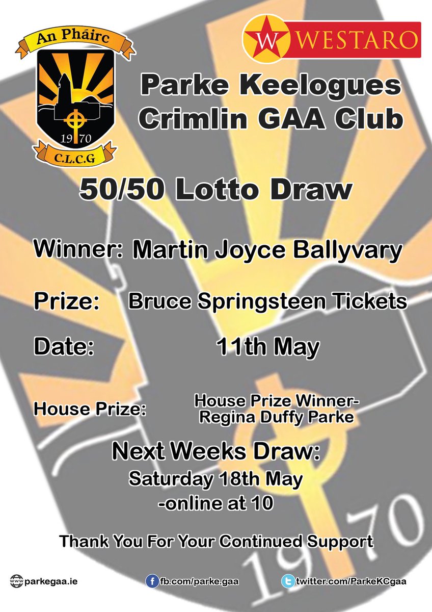 Parke Keelogues Crimlin 50/50 Lotto 
Play Online: parkegaa.ie/clublotto.html
11th May
Winner: €  Martin Joyce Ballyvary, Bruce Springsteen Tickets
House Prize:  House Prize Winner- Regina Duffy Parke
Next Weeks Draw:
18th May 2024
-online at 10
#ParkeGAA_Results