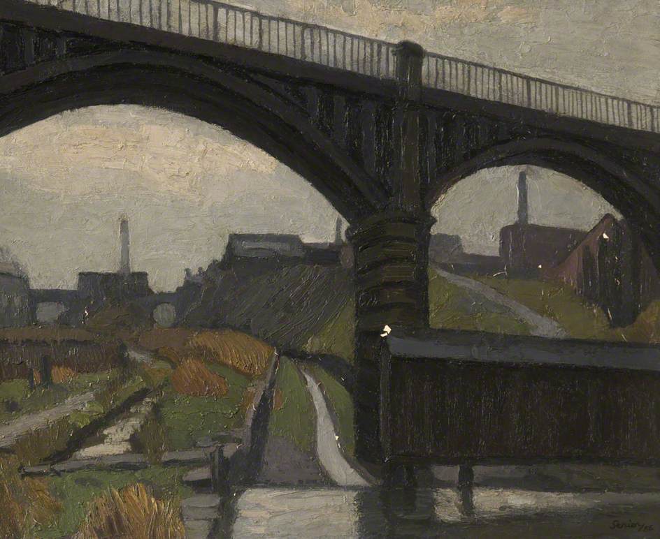 Church wharf bridge Bolton by Bryan Senior. The valley shown now hosts the St Peter's way bypass. Apart from the couple of areas of paint loss, most noticeable to me is the use of a heavily muted palette. It conveys the often dull and damp climate of Bolton perfectly. 👍