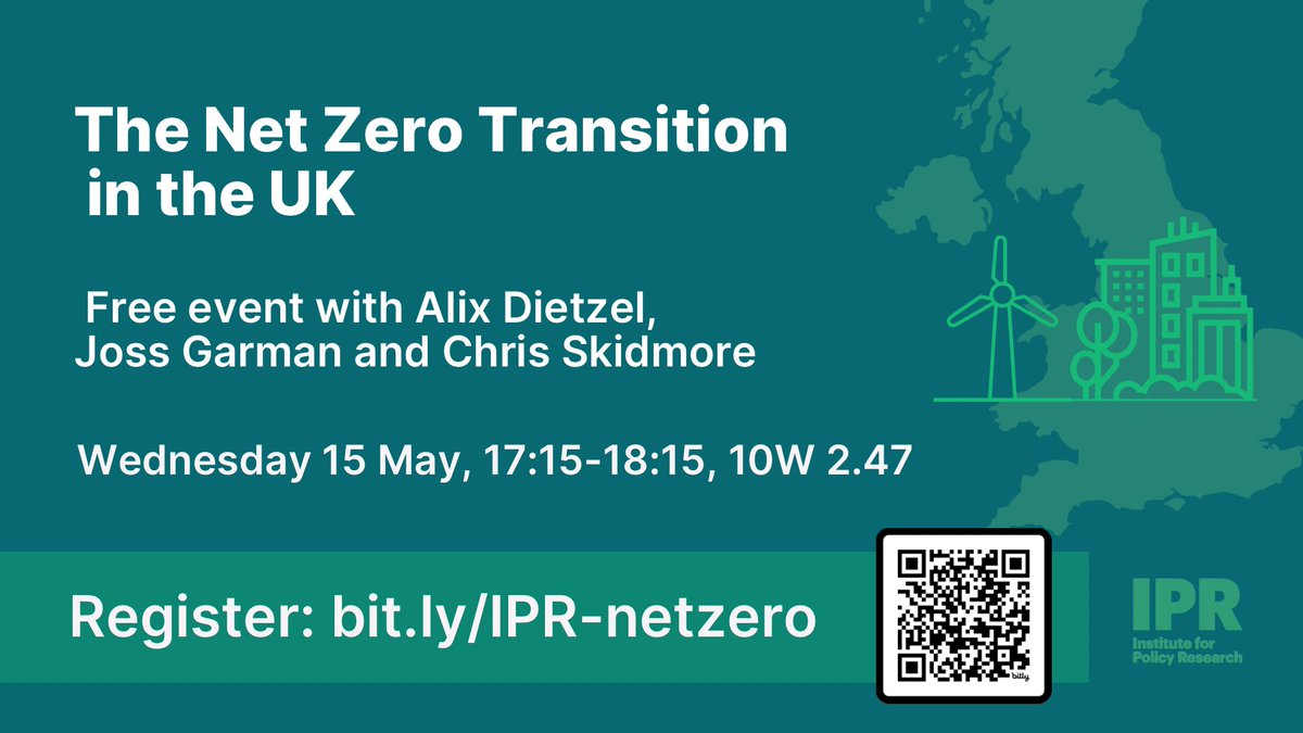 Still time to join us with Alex Dietzel (University of Bristol), Joss Garman (European Climate Foundation) and Chris Skidmore to discuss the UK's transition to net zero. 🗓 15 May 2024 🕰️ 17:15 - 18:15 BST 📍 IN PERSON @UniofBath More info here ➡️ eventbrite.co.uk/e/the-net-zero…