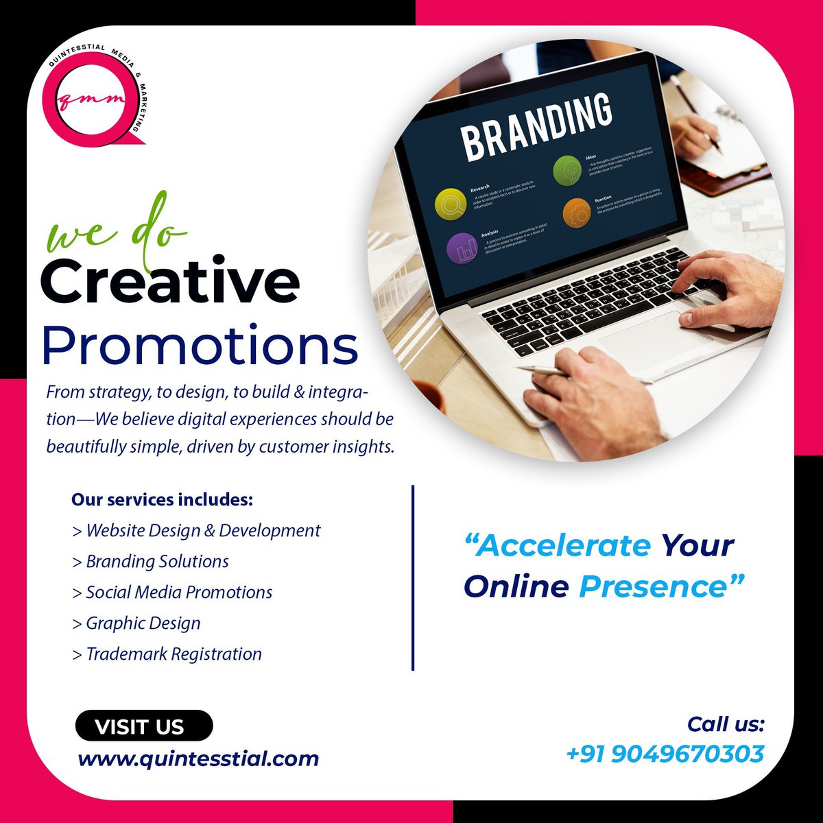 Branding transformation is our forte! Crafting standout logos and powerful online
identities is what we do best. Ready to elevate your brand's identity? Let's kickstart
this journey together—call us now at 9049670303

#quintesstial #qmm #onlinemarketing #businesspromotion