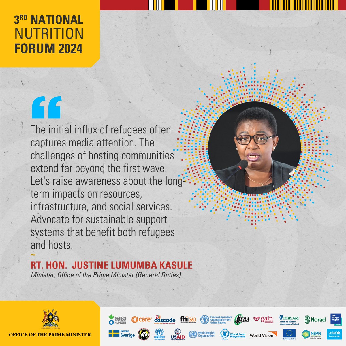 The initial refugee influx often attracts media attention, but long-term impacts on resources, infrastructure, and social services must be addressed, advocating for sustainable support systems. @JustineLumumba #NationalNutritionForum2024