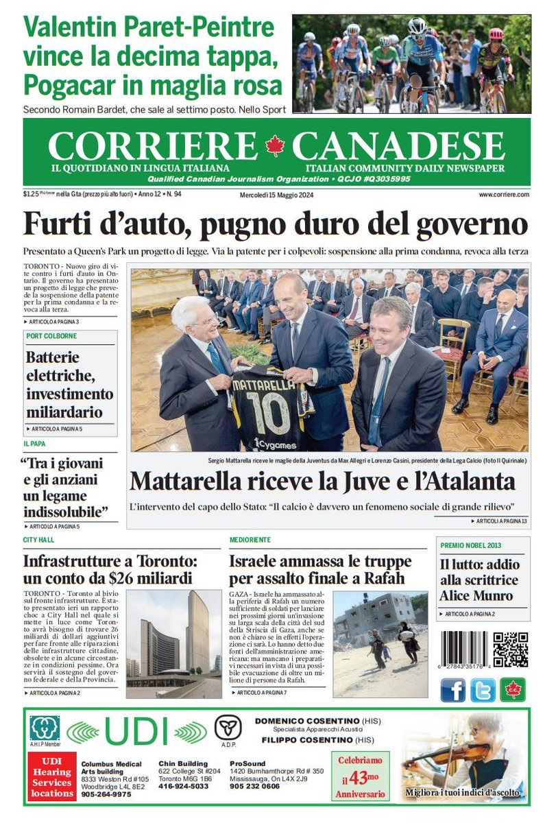 Buongiorno a tutti con la prima pagina di oggi 🇮🇹🇨🇦🇮🇹 seguiteci anche on line: corriere.com

#ethnicpress #stampaetnica
#ethnicmedia #newspapers
#italians #italianiallestero