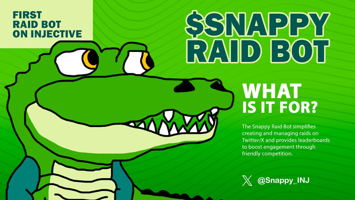 First Raid Bot on Injective by @Snappy_INJ 🐊 Simplify your X raids and drive engagement effortlessly. With all-time, weekly, and daily leaderboards, any project can add a fun twist of friendly competition to community. Perfect for keeping everyone active and engaged! You