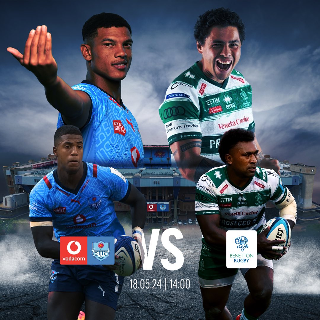 THE BATTLE is at LOFTUS this weekend for the #RaceToTheEight ⚡️🏆

🏉Vodacom Bulls vs Benetton
🗓️18 May 2024
📍Loftus Versfeld
⏰Kick-Off: 14:00 
🎟️TICKETS: rb.gy/ff6lqg 

@Vodacom #URC 

#RaceToTheEight | #BackTheBulls