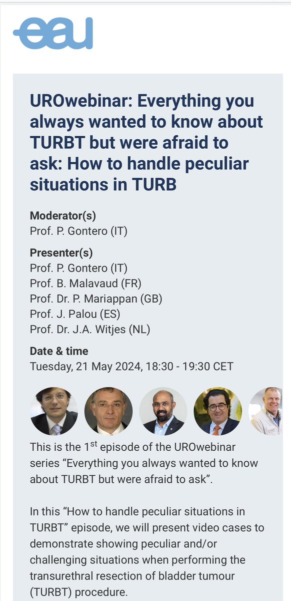Come join us in this one hour @UrowebESU @Uroweb webinar where we discuss some challenging #TURBT. Tuesday 21st May 1830 CET.